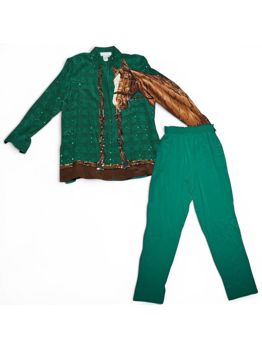 Vintage Diane Gilman Green Silk Horse Print 2-Piece Set Size S
